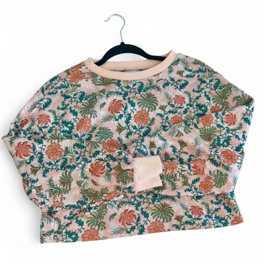 Retro Floral Jacquard Knit Sweatshirt Botanical Print Peach Green S M